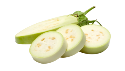Close-up studio shot of a light-green eggplant, partially cut, revealing its inside texture with seeds. Sliced pieces lay near