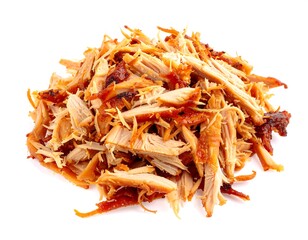 Obraz premium Heap of shredded, cooked meat, golden brown in color, on a plain white background