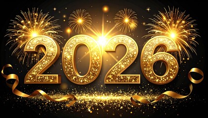 Glitter shiny Number Illustration 2026 3d Text illustration with gold fireworks and ribbons on black isolated Background, celebration theme concept