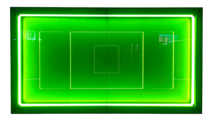 Aerial view of a neon-lit, rectangular structure within a larger, square frame, radiating a vibrant green glow against black