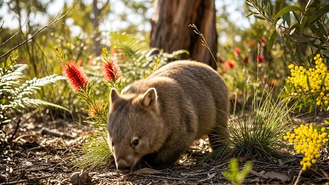 Young wombat exploring lush Australian bush in warm afternoon sunlight
