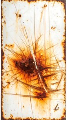 Heavily scratched and rusted white metal sheet with sharp lines radiating from a center