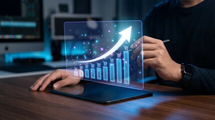 a professional is analyzing data and growth trends with a holographic display showing upward trending charts and graphs on a laptop high quality