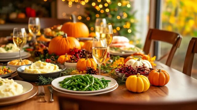 Festive table setting with pumpkins, autumn foliage, and a variety of dishes ready for a meal.