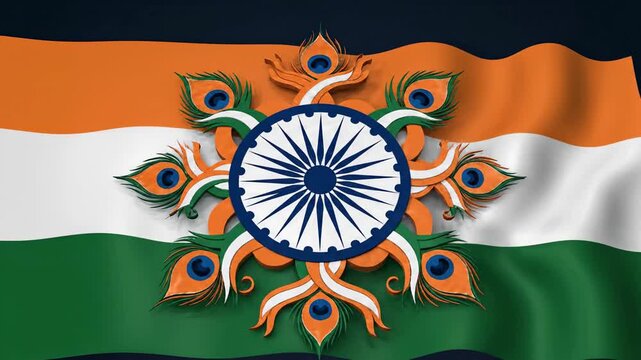 The flag of India with a blue wheel and peacock motifs on a tricolor background of saffron, white, and green.