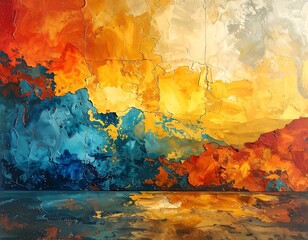 Heavily textured abstract painting with fiery oranges, yellows, blues, and reflective surface