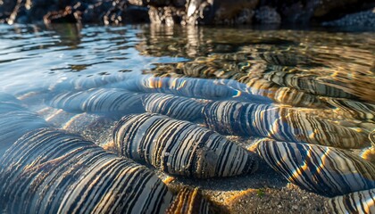 Vibrant striped rocks emerge from clear water near shoreline with sunlight reflections on rippling waves