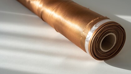 A roll of copper foil lies on a white surface with sunlight casting shadows.