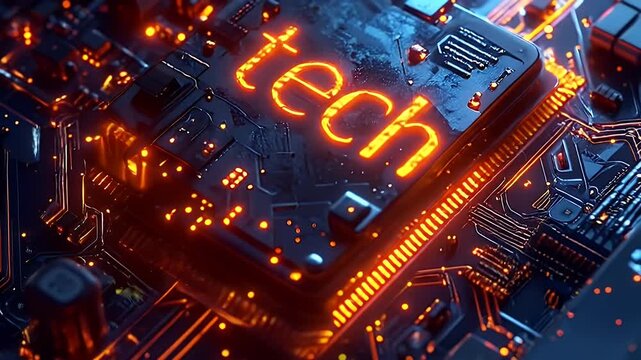 Abstract digital technology concept with glowing neon word tech on circuit board.