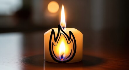 Burning candle with flame symbol on white wax in warm cozy lighting for hope and peace