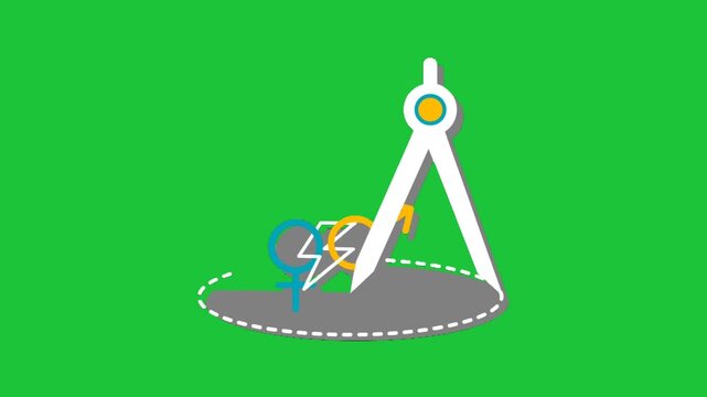 Animated geometry compass drawing circle with math symbols on green background education concept seamless loop