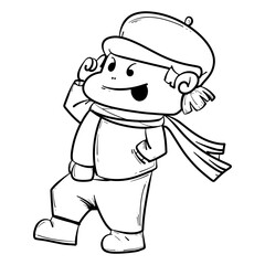 Fototapeta premium Black and white illustration of a cheerful cartoon boy walking with a scarf and cap on a white background