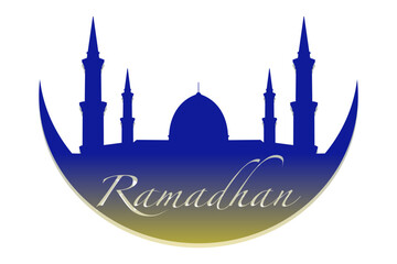 Blue mosque silhouette with crescent moon and Ramadhan text, Islamic greeting vector illustration