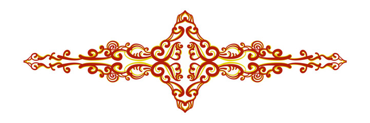 Symmetrical ornate floral ornament with swirls in red and gold, traditional vintage design element