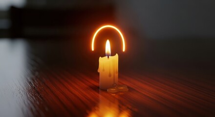 Burning candle with golden halo light on wooden table in dark warm ambiance