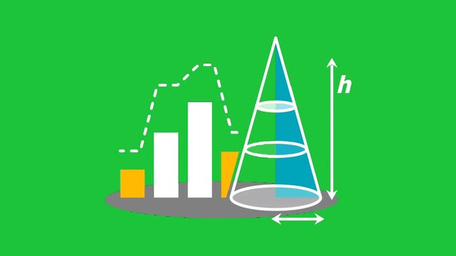 Animated statistics bar chart and cone volume formula with height and radius on green background math education loop