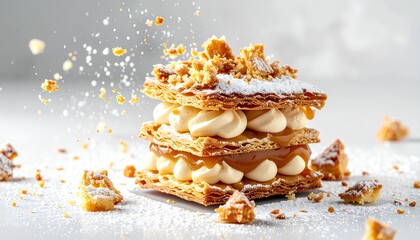 Classic Mille-feuille Napoleon Pastry with Caramel and Powdered Sugar