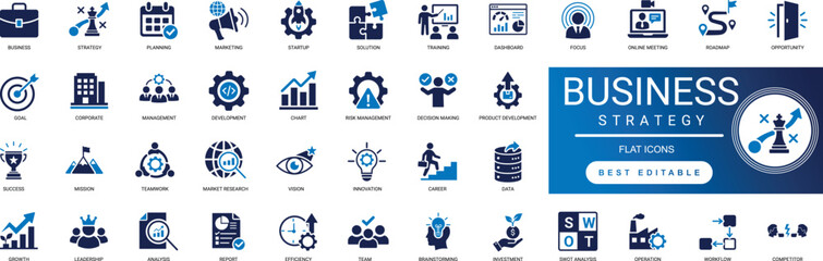  Business Strategy Solid Icons for Corporate Planning Goal Growth Vision Management Mission Teamwork Leadership Marketing Analysis Professional Vector Set Editable © Iconova Studio