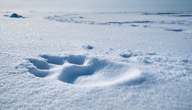 A large animal track appears in the snow covering the frozen landscape.