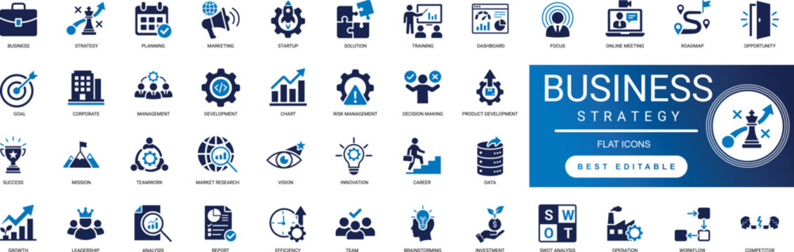  Business Strategy Solid Icons for Corporate Planning Goal Growth Vision Management Mission Teamwork Leadership Marketing Analysis Professional Vector Set Editable