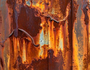 Heavily textured, deeply rusted, metal surface with peeling paint and corrosion detail