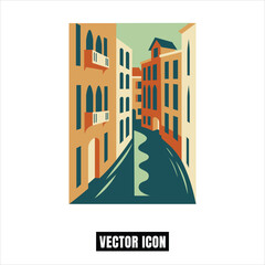 Obraz premium Italian Street Vector Illustration - Old Buildings, Canal Path, Flat Design