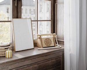 Frame mockup in vintage whimsical nursery, 3d render