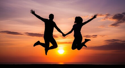 Couple Jumping Happily at Sunset Beach Holding Hands Silhouette Love