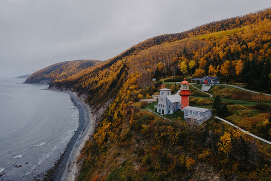 Aerial view of Gasp&eacute; Peninsula&rsquo;s rugged coastline and cliffs over the Gulf of St. Lawrence. Perfect for travel, editorial, or nature wall art.
