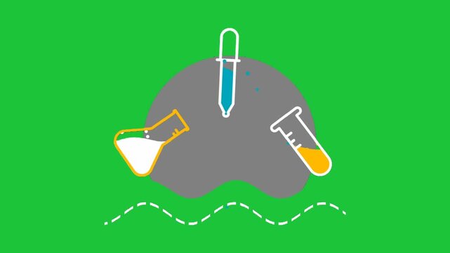 Animated laboratory glassware with flasks test tubes and dropper on green background seamless science experiment loop