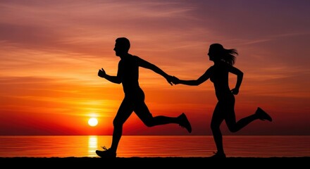 Couple running together at sunset beach fitness active lifestyle silhouette romantic