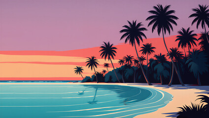 Obraz premium Pixel Art Tropical Sunset Beach: Ocean & Palm Trees. Serene Digital Art for Vacation & Relaxation.