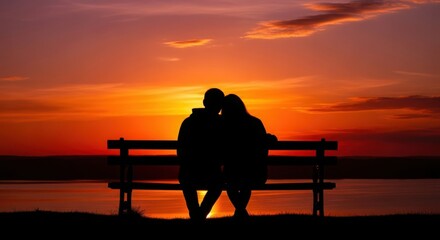 Couple Watching Sunset on Beach Bench Silhouette Romantic Orange Sky