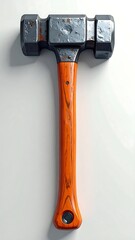 Heavy sledgehammer with a rustic orange wooden handle sits on a white background