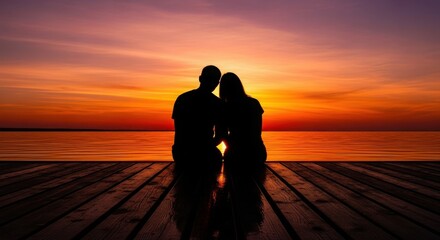 Couple Embracing at Sunset on Wooden Pier Over Calm Ocean Water
