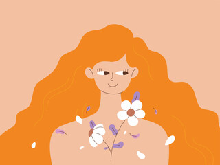A woman with flowing orange hair ,happy expression and white flowers on her chest. A warm, minimalist illustration symbolizing self-love and comfort