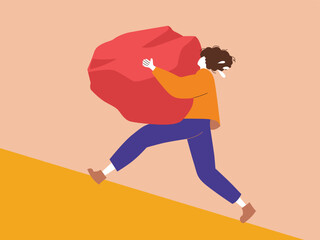 A man struggling to carry a massive red boulder up a steep slope. A warm, minimalist illustration symbolizing hard work, perseverance, and burden