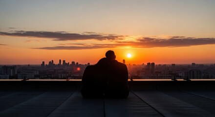 Silhouette of Businessman Watching Sunset Over City Skyline at Dusk