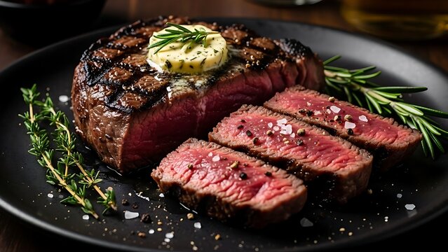 Sliced medium rare steak showing juicy texture, black plate, moody lighting, high end culinary food photography