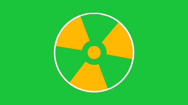 Rotating radioactive hazard symbol on green background, simple nuclear warning animation loop for safety concept