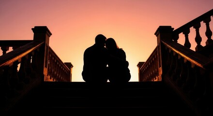 Couple embracing at sunset on historic bridge romantic silhouette outdoor love scene