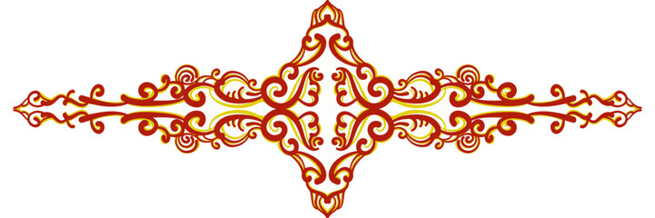 Symmetrical ornate floral ornament with swirls in red and gold, traditional vintage design element