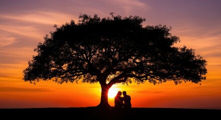 Couple Silhouette Under Large Tree at Sunset with Warm Orange Sky and Clouds