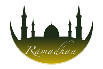 A silhouette design for a Ramadan logo or icon featuring a mosque and the crescent moon combined in a green and yellow gradient. Perfect for Ramadan-themed stickers and logos.
