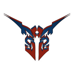 Abstract symmetrical tribal mask design in red and blue, sharp geometric wings illustration
