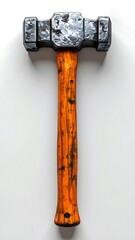 Heavy, worn sledgehammer with a wooden handle laying on its side on white surface
