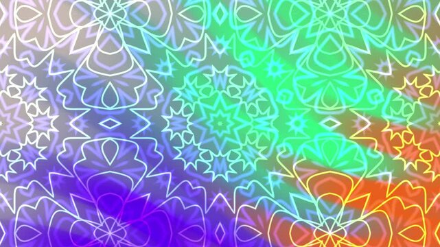 Kaleidoscope pattern with intricate neon floral designs, perfect for backgrounds, textile prints, and decorative purposes in design projects.