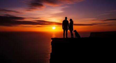 Couple with Dog Watching Sunset at Ocean Silhouette Romantic Scenery