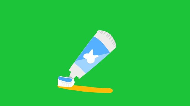Toothpaste squeezing onto toothbrush on green background, simple dental hygiene animation loop.
