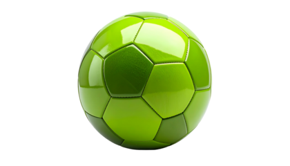 A vibrant, glossy green soccer ball rendered against a black backdrop, showcasing a detailed segmented design